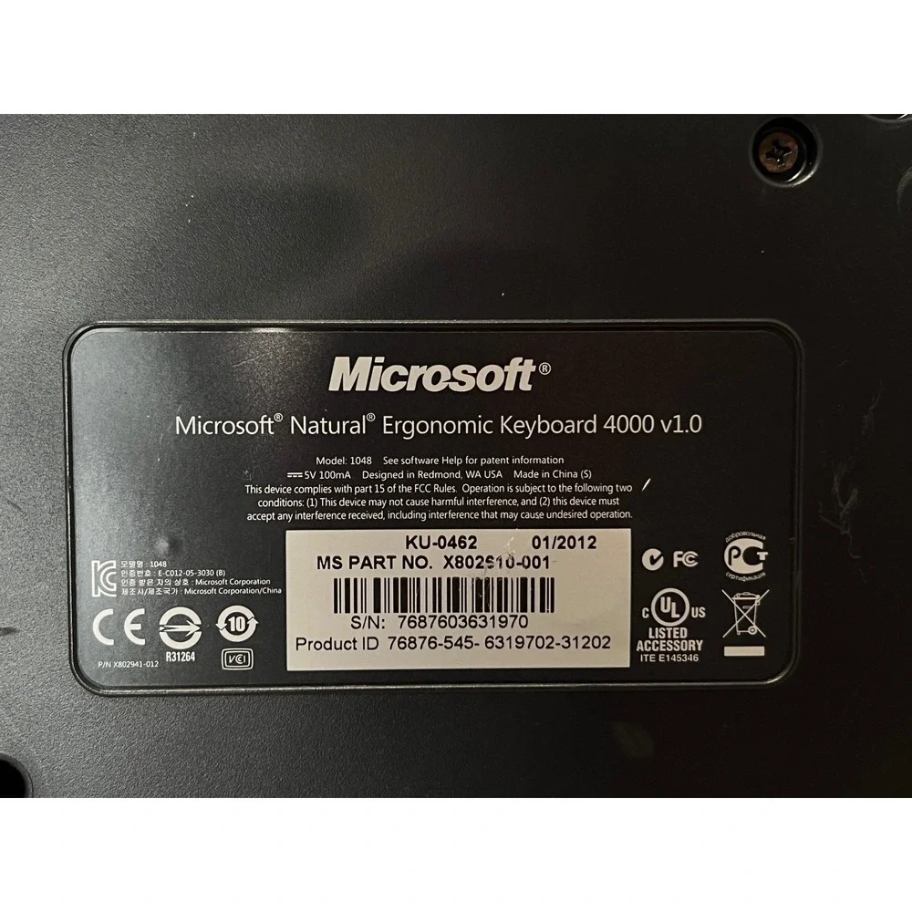 Microsoft‎ Natural Ergonomic Keyboard 4000 v1.0 Model 1048 Wired USB Black Works